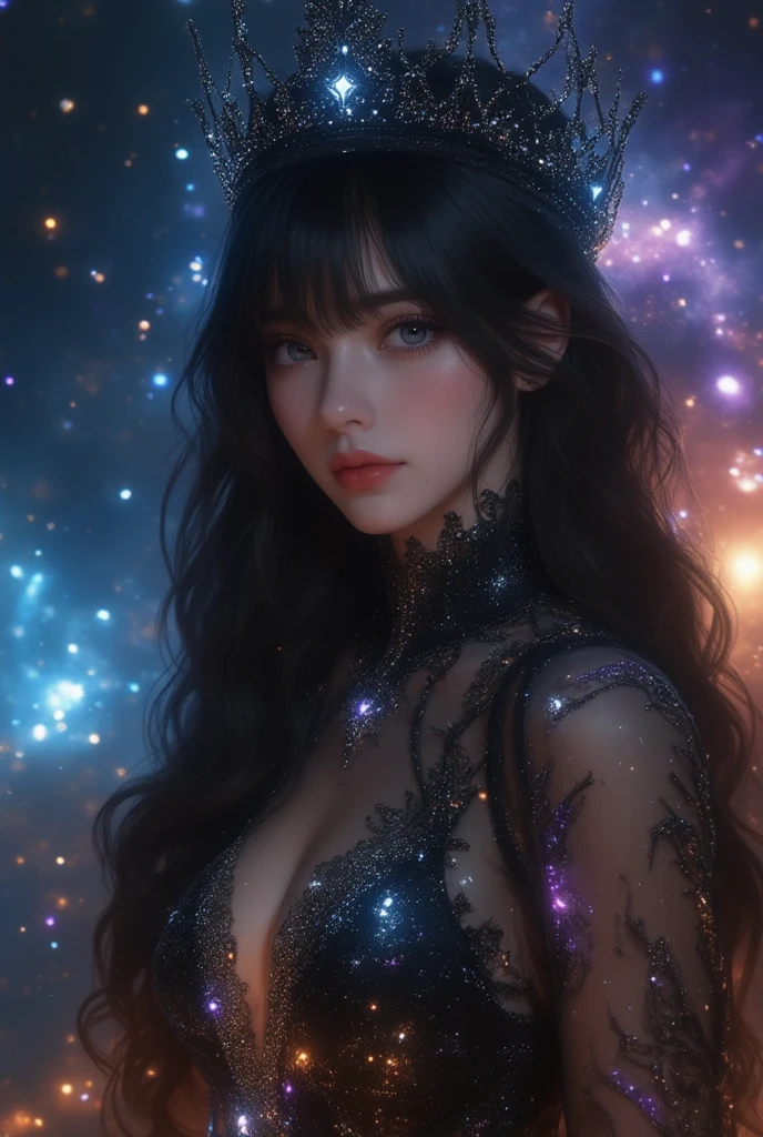  A 19-year-old European and Russian woman with European traits,  with jet black hair that falls in long waves with bangs , azero gray eyes ,  Pale and luminous skin . She wears a dark black Arabic-style dress with diamonds embedded in colors simulating a galaxy in the dress and a matching black crown, she is in the middle of a galaxy floating among the stars that illuminate her, she looks ethereal, bright and dazzling, like a goddess of the sky, quality hd 4k masterpiece . 