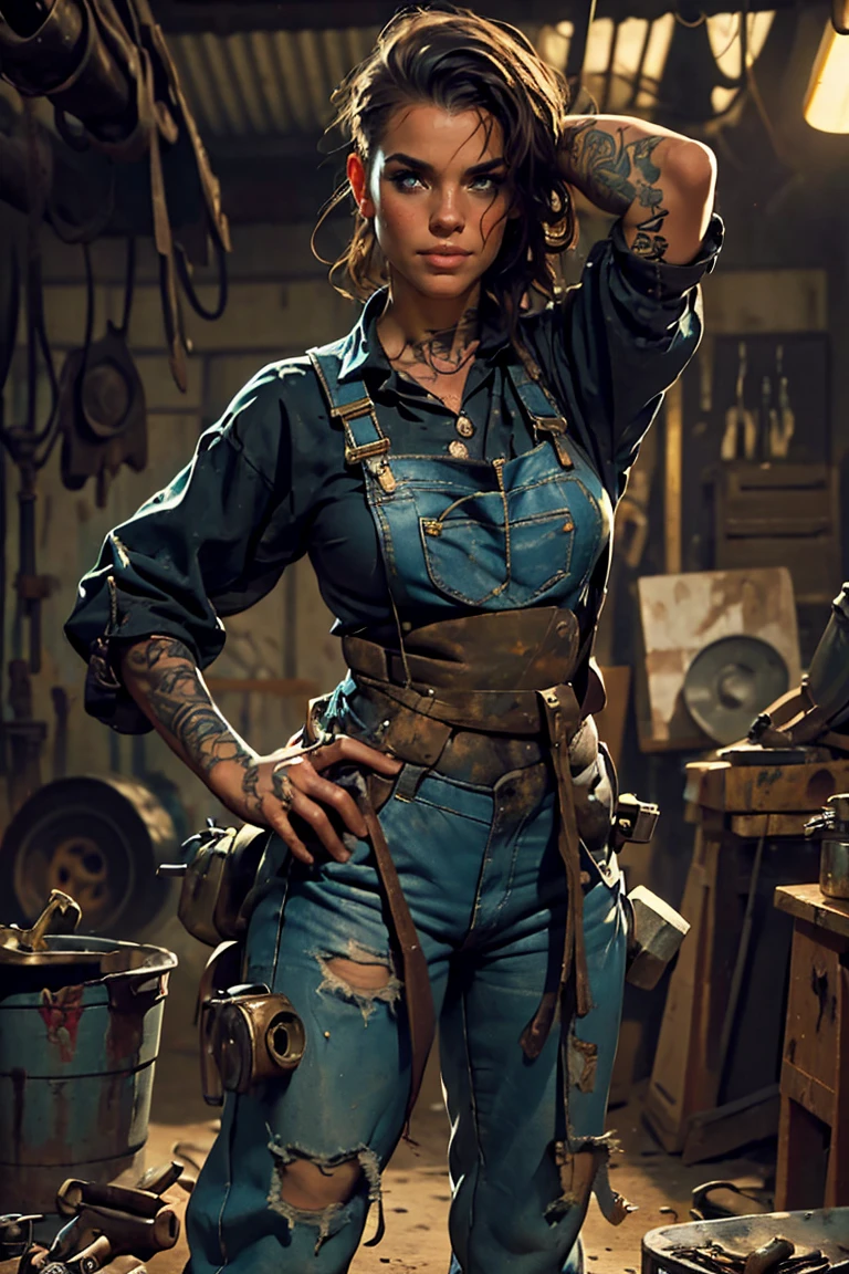 ((Best quality)), ((Masterpiece)), (Details) A charming, sexy, and attractive female mechanic covered in grease (Dirty, rough charm: 1.2), (Strong, confident stance: 1.1), (Mechanic expertise: 1.3), Disheveled hair, a stained face with a playful smile, stained overalls clinging to her curves (Crude tools of the trade: 1.2), A messy repair shop, scattered car parts (Authentic automotive atmosphere: 1.2), (Intense gaze: 1.1), Holding a wrench in her dirty hands, 8k resolution, Looking at someone, Looking away, (Tattoos: 1.2), Masterpiece, Best quality