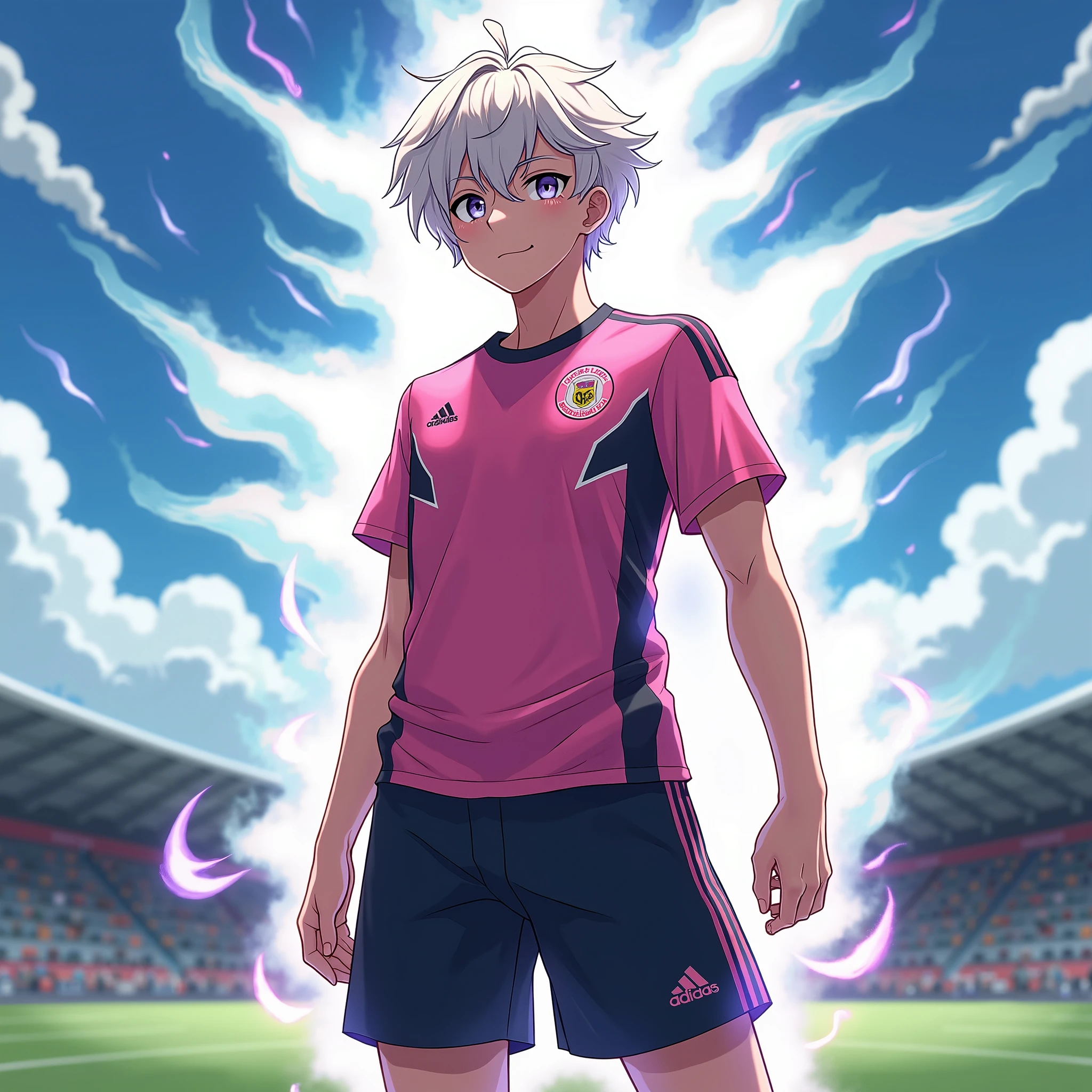 Nagi Seichirou, anime boy, teen, mature,  pink and black soccer uniform , light hair,  multicolored eyes , soccer camp, fullbody, animal bear aura