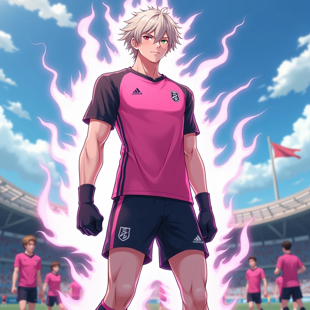 Nagi Seichirou, anime boy, teen, mature,  pink and black soccer uniform , light hair,  multicolored eyes , soccer camp, fullbody, animal bear aura