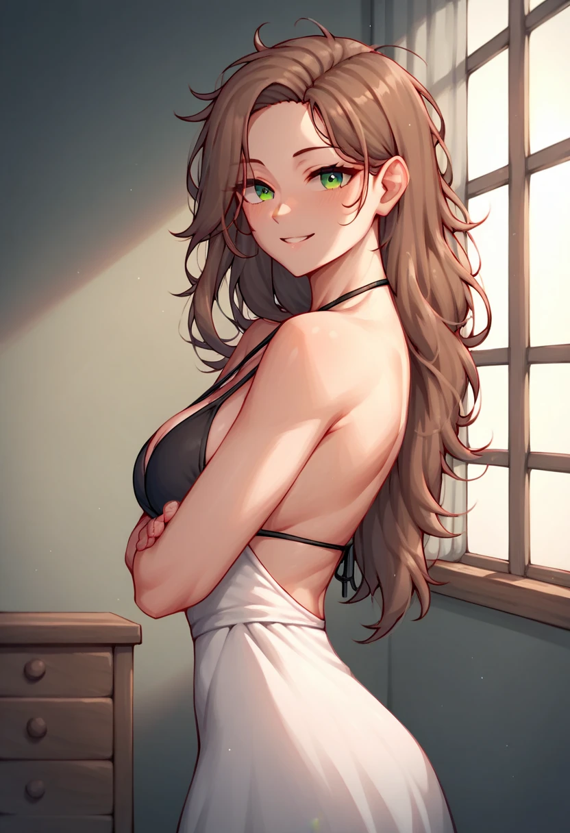 score_9, score_8_up, score_7_up, score_6_up, score_5_up, score_4_up, source_anime, 1girl, lisadef, upper body, sexy smile, +18, sexy woman, brown hair, long hair, green eyes, messy hair, black bikini, White dress, full body, worth, turn your back, room, looking at the viewer, best quality, best res, 4K UHD,
 