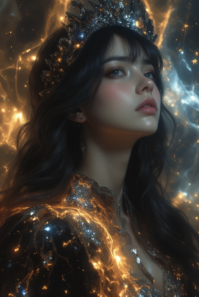  A 19-year-old European and Russian woman with European traits,  with jet black hair that falls in long waves with bangs , azero gray eyes ,  Pale and luminous skin . She wears a dark black Arabic-style dress with diamonds embedded in colors simulating a galaxy in the dress and a matching black crown, she is in the middle of a galaxy floating among the stars that illuminate her, she looks ethereal, bright and dazzling, like a goddess of the sky, quality hd 4k masterpiece . 