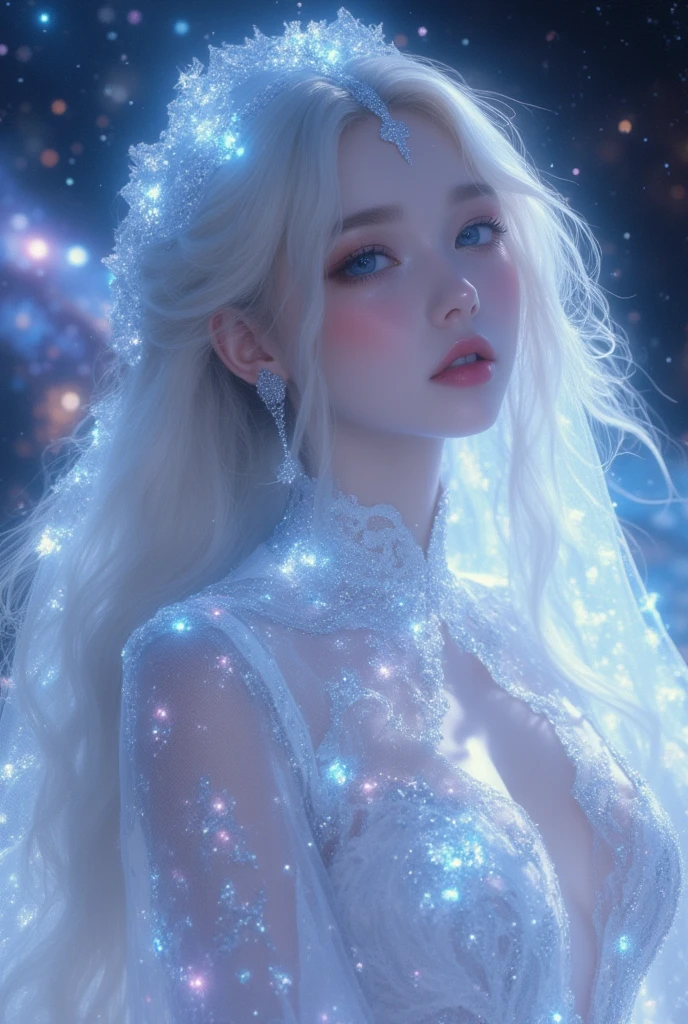  A 19-year-old European and Russian woman ,  with pure white hair like the snow that falls in waves, laegi ,  heavenly eyes ,  Pale and luminous skin . She wears a white Arabian style dress with diamonds embedded in colors simulating a galaxy in the dress and a matching veil, she is in the middle of a galaxy floating among the stars that illuminate her, she looks ethereal, bright and dazzling, like a goddess of the sky, quality hd 4k masterpiece . 