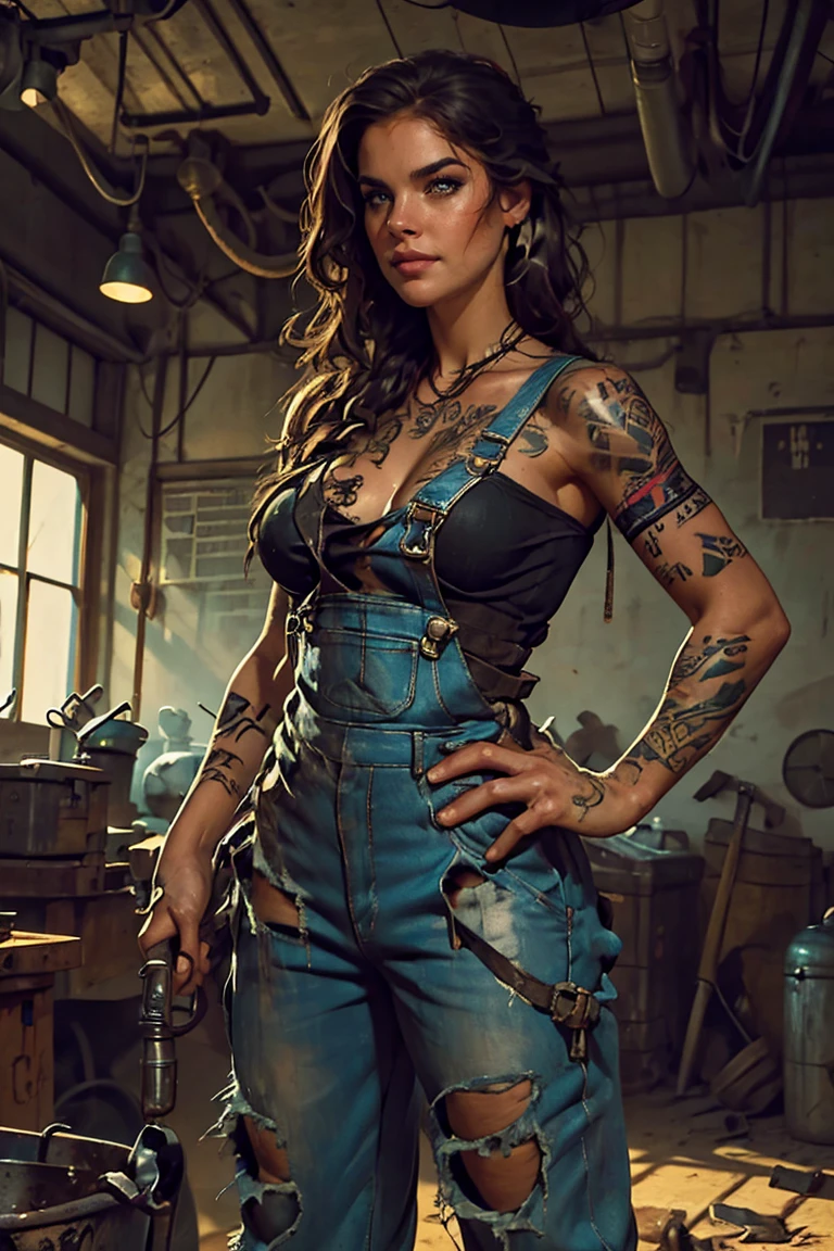 ((best quality)), ((masterpiece)), (detailed), mesmerizing and alluring female mechanic covered in grease,Confident smile，Look into the camera，(Dirty and rugged charm:1.2), (tough and confident demeanor:1.1), (mechanical expertise:1.3), disheveled hair, smudged face with a playful smirk, stained overalls clinging to her curves, (gritty tools of the trade:1.2), cluttered repair shop, scattered car parts, (authentic automotive ambiance:1.2), (intense gaze:1.1), gripping a wrench in her dirty hands, 8k resolution,looking at another, looking away,( tattoo:1.2), masterpiece, best quality,Photorealistic, ultra-high resolution, photographic light
