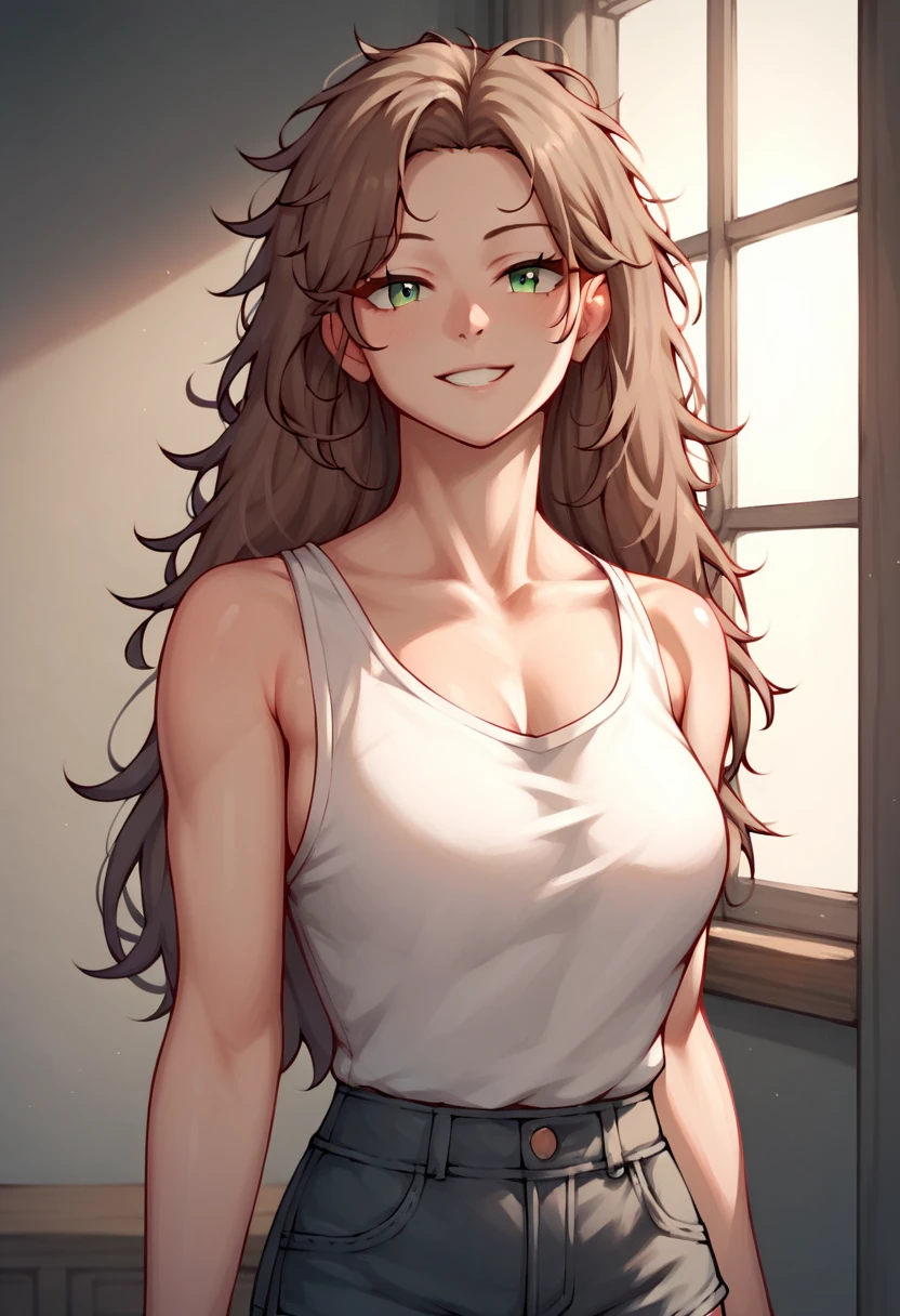 score_9, score_8_up, score_7_up, score_6_up, score_5_up, score_4_up, source_anime, 1girl, lisadef, upper body, sexy smile, +18, sexy woman, brown hair, long hair, green eyes, messy hair, black topic, shorts, full body, worth, turn your back, room, looking at the viewer, best quality, best res, 4K UHD,
 