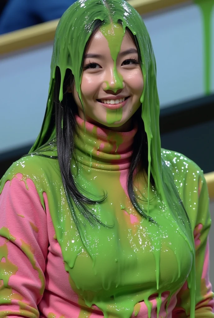 Portrait photograph of beautiful Korean woman covered in green slime. Photorealistic. Glistening liquid. Green slime. Slime. Wet. Raw photo. (Korean girl: 1.1). Korean. Korean woman. Beautiful Korean model. Round face. Wearing pink tight turtleneck. Big breasts. Black hair. Gameshow. Film photo. Custard. Winged eyeliner.