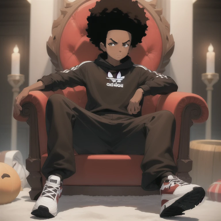 (( masterpiece ,  best quality )),( complex lighting),Alone,1 , full body,  dark skin,  Black hair, brown eyes, afro, (Adidas :1),adidas pants , Hombre Libre de Huey ,  , throne,  