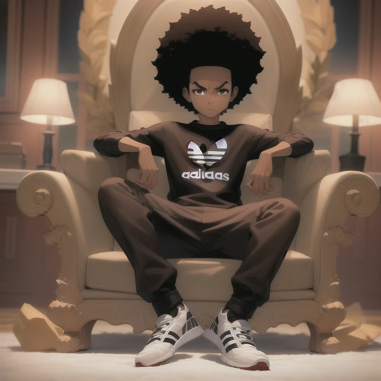 (( masterpiece ,  best quality )),( complex lighting),Alone,1 , full body,  dark skin,  Black hair, brown eyes, afro, (Adidas :1),adidas pants , Hombre Libre de Huey ,  , throne,  