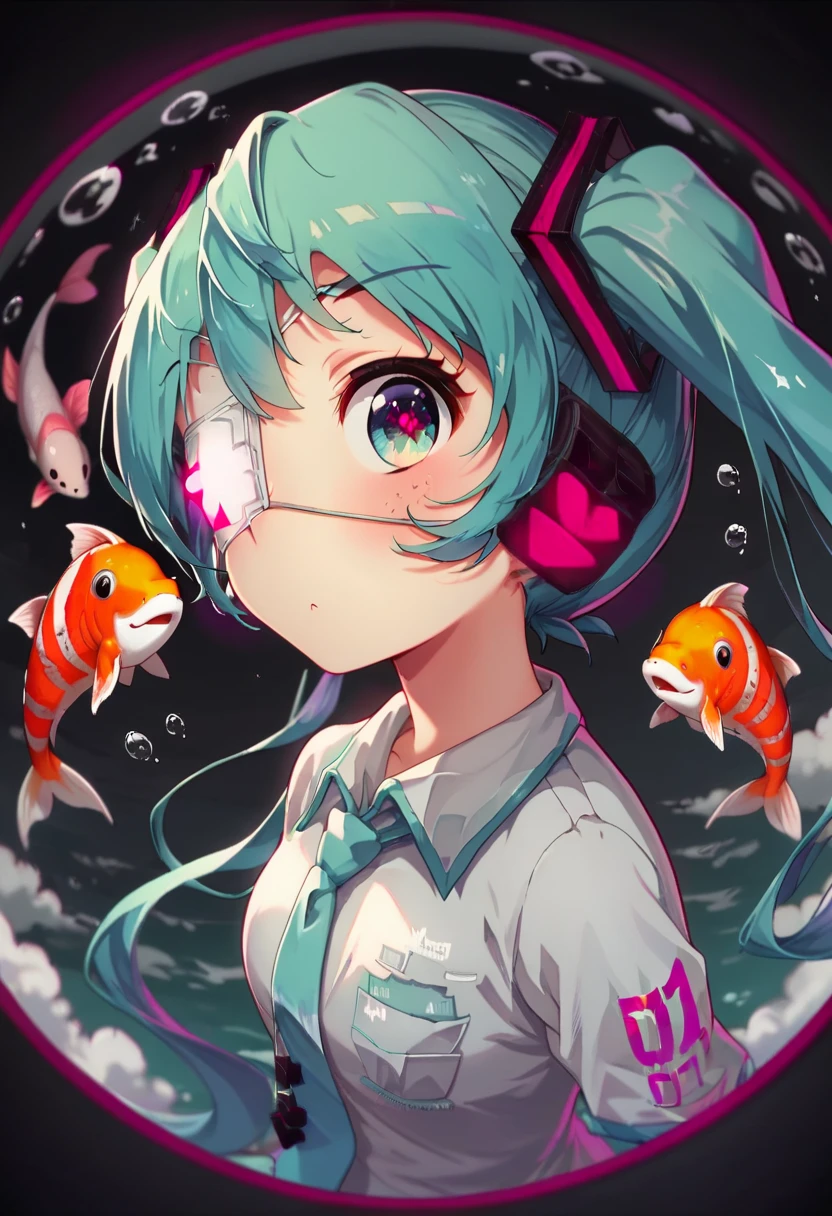  ,woman,from side eye,『 monitoring 』  Hatsune Miku  ，woman,from side,， fish eye ,peek， cute illustration of flying eyeballs  （Two）， open the mouse , 左目fish eye ,deco*27side from,左目でpeek顔， eye patch light freckles on right eye ，Dark，Dark cyan hair， white medical eye patch on the right eye ， deep black pupil ， eye color deep blue ， big eyes， fish-eye ,  low contrast， in a circle ， in the upper right and lower right "Wow!"Character， round cloud-like font ，angle（1.9），彼女がpeek，，Big glitter， round black background with round geometric pattern， hair gradation ， dark blue-green 