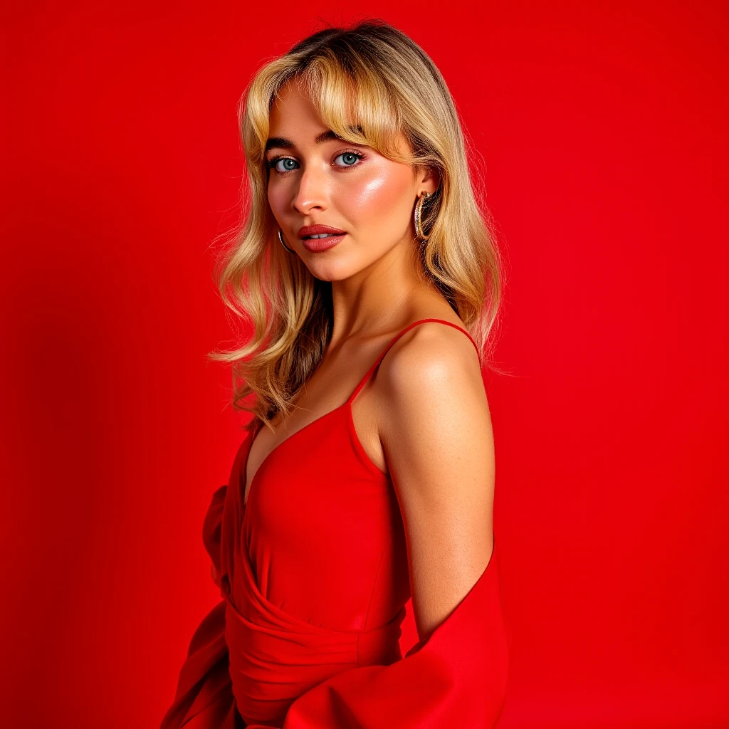 The image captures a woman posed against a deep red background that creates a bold, monochromatic aesthetic. She stands with a confident and poised demeanor, her body angled slightly to the side while her face is turned toward the camera, establishing direct and intense eye contact. Her expression is serious yet calm, exuding self-assurance and elegance. The lighting is soft and diffused, evenly illuminating her face and body while subtly accentuating the contours of her features and the natural texture of her skin.
Her blonde hair is styled in loose waves, framing her face softly and giving a casual yet refined appearance. Her makeup is understated, highlighting her natural beauty with glowing skin, full, dark eyebrows, and a hint of neutral-toned lipstick. She wears a sleek red dress that matches the backdrop, creating a cohesive visual effect. The dress features thin spaghetti straps and a draped neckline, adding an element of understated sophistication. Small hoop earrings are her only visible accessory, subtly adding to the polished yet minimalistic styling.
The background is entirely flat and uniform in color, with no visible texture or pattern, allowing the focus to remain entirely on the subject. The composition is simple yet striking, with the use of red dominating both the foreground and background, creating a sense of harmony and visual impact. The lighting and styling choices emphasize the elegance of the subject while maintaining a minimalist and contemporary feel. The overall atmosphere of the image is warm, bold, and intimate, drawing the viewerâs attention to the subjectâs expression and presence.