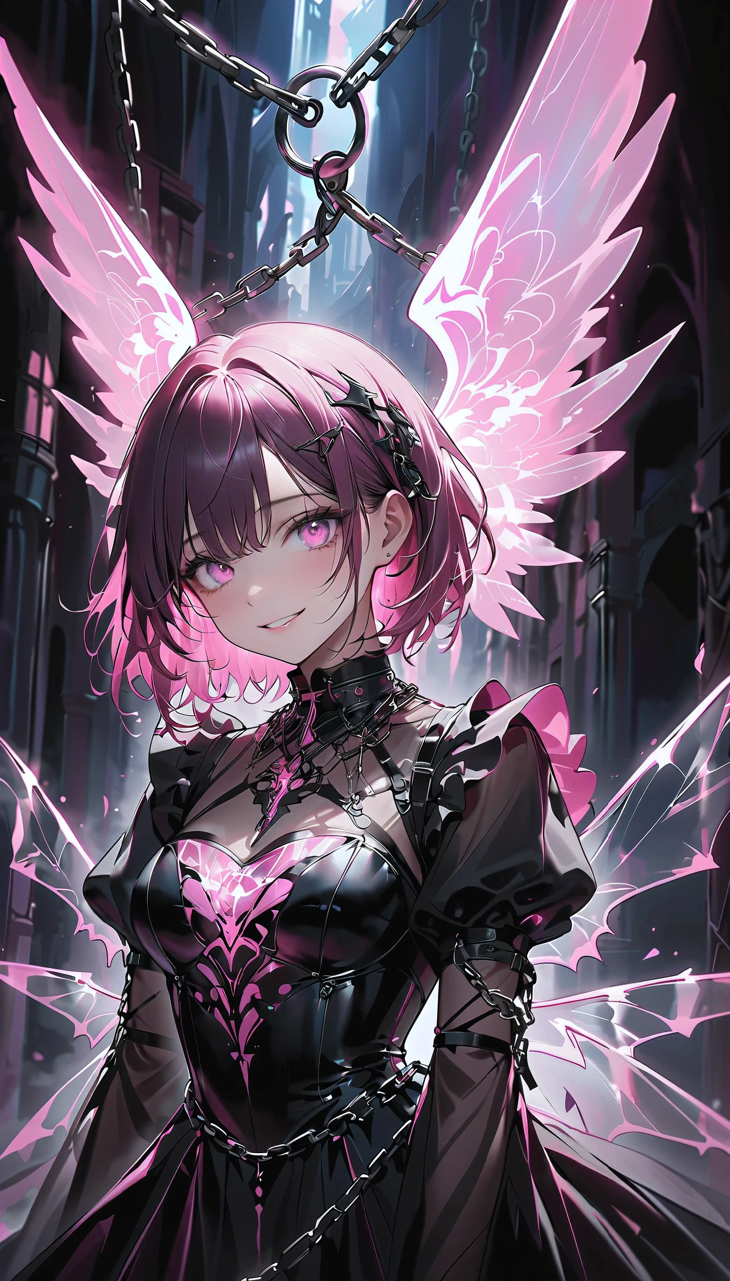 Gothic Angel, Trapped in metal chains, Black and pink are the trademark colors, Second-rate, transparent, Holographic, Glowing wings grow on your back, Captivating the chest, Whisper to the audience, Big smile, Captivate you, strong, Fleeting, Lonely Eyes, Dynamic Shot, The aesthetics of heartbreaking sadness...