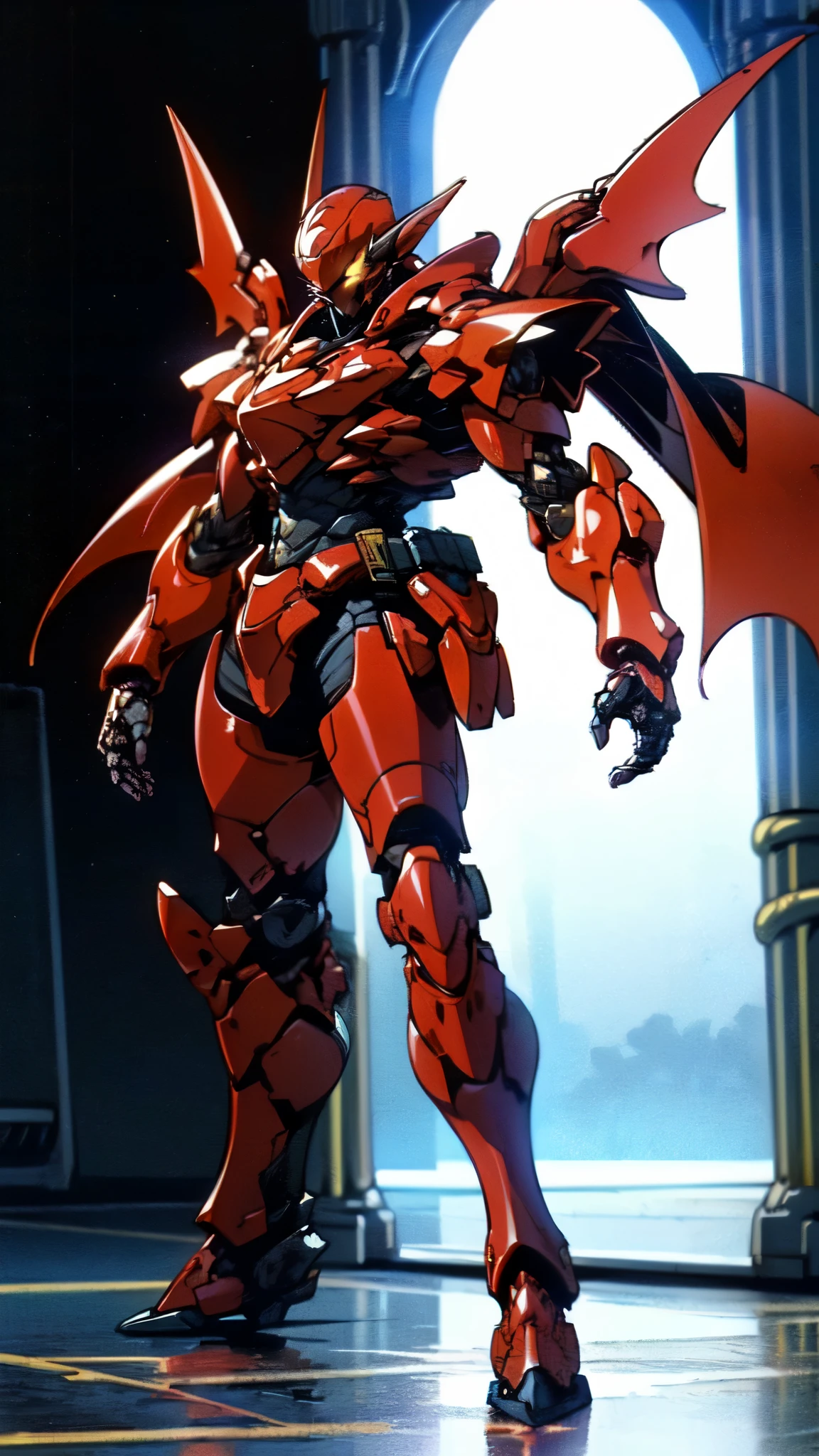 (masterpiece:1.5, best quality:1.5, extremely delicate:1.5), ((male:1.5)), a man wearing a full-face helmet, high-tech biomimetic armored combat suit, (a composite layered chest armor), the design balances heavy with agility, fully enclosed shoulder guards, matching arm and leg guards, a belt of gemstone, (the color scheme is primarily Yellow with Red and Purple accents, Organic Biotech, Concept Inspired by Vampire, glowing eyes, armor glows, huge cloak like devil wings, blood), stand of a futuristic sci-fi city, this character embodies a finely crafted fantasy-style armored hero in anime style, exquisite and mature art style, metallic, high definition, highres, ultra-detailed, ultra-fine painting, professional, perfect body proportions, golden ratio, anatomically correct, symmetrical face, extremely detailed eyes and face, high quality eyes, creativity, RAW photo, UHD, 32k, Natural light, cinematic lighting, (masterpiece-anatomy-perfect:1.2)