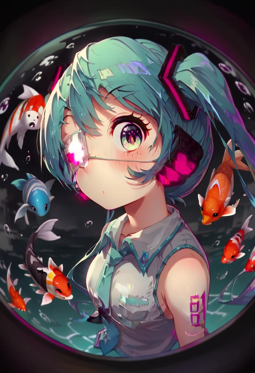  ,woman,from side eye,『 monitoring 』  Hatsune Miku  ，woman,from side,， fish eye ,peek， cute illustration of flying eyeballs  （Two）， open the mouse , 左目fish eye ,deco*27side from,左目でpeek顔， eye patch light freckles on right eye ，Dark，Dark cyan hair， white medical eye patch on the right eye ， deep black pupil ， eye color deep blue ， big eyes， fish-eye ,  low contrast， in a circle ， in the upper right and lower right "Wow!"Character， round cloud-like font ，angle（1.9），彼女がpeek，，Big glitter， round black background with round geometric pattern， hair gradation ， dark blue-green 