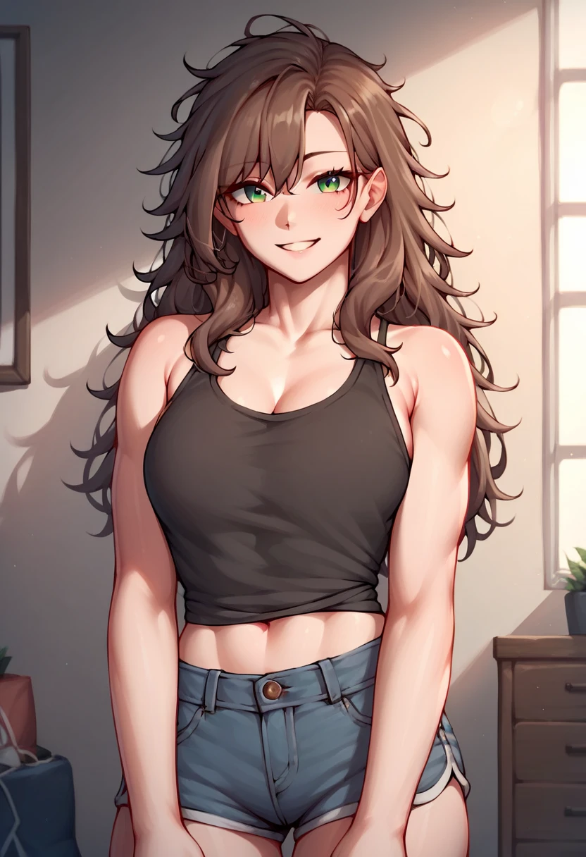 score_9, score_8_up, score_7_up, score_6_up, score_5_up, score_4_up, source_anime, 1girl, lisadef, upper body, sexy smile, +18, sexy woman, brown hair, long hair, green eyes, messy hair, black topic, shorts, full body, worth, turn your back, room, looking at the viewer, best quality, best res, 4K UHD,
 