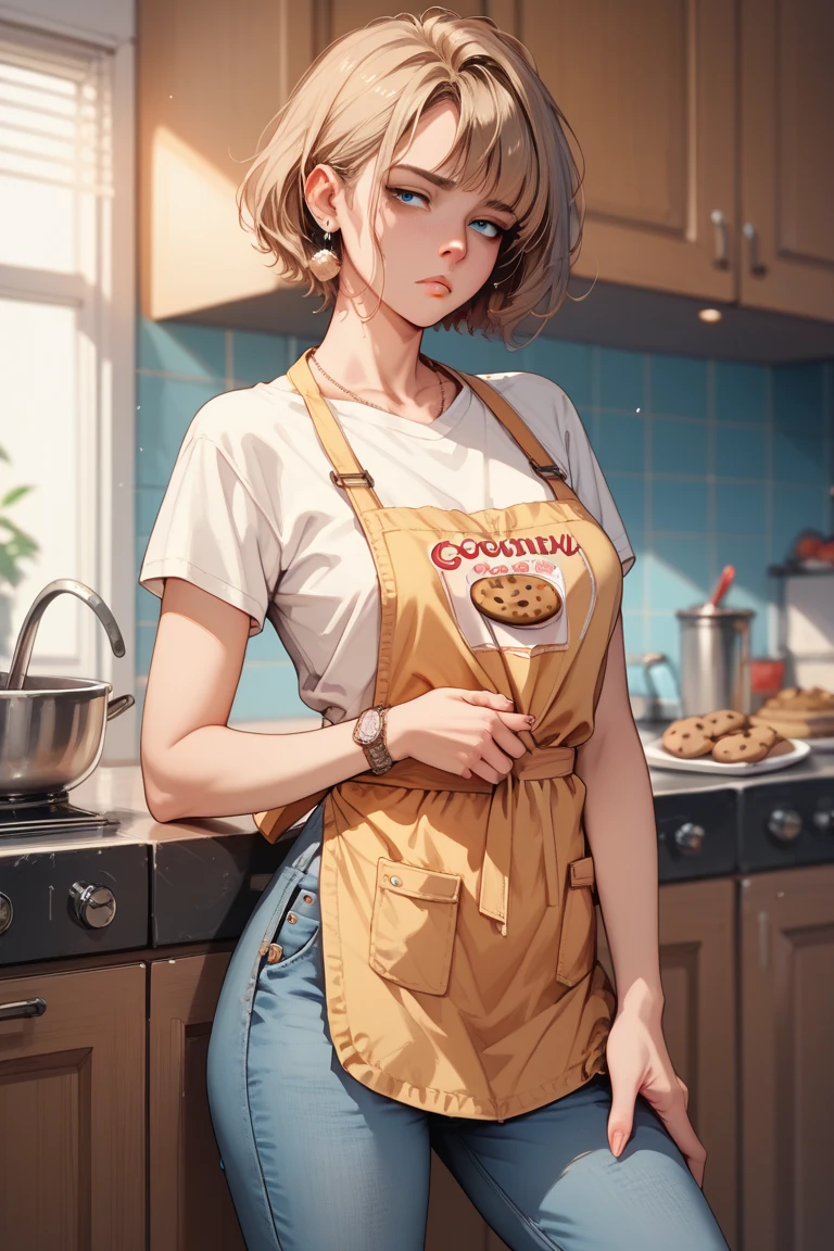 woman short hair tshirt jeans apron cookie counter tired