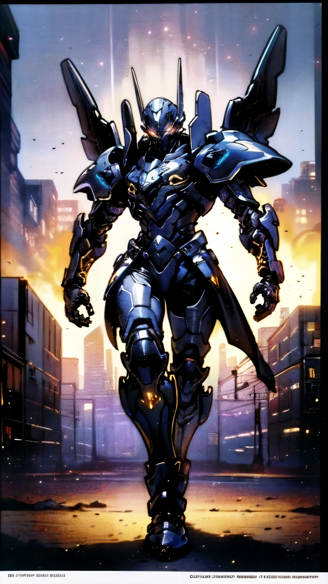 (masterpiece:1.5, best quality:1.5, extremely delicate:1.5), ((male:1.5)), a man wearing a full-face helmet, high-tech biomimetic armored combat suit, (a composite layered chest armor), the design balances heavy with agility, fully enclosed shoulder guards, matching arm and leg guards, a belt of gemstone, (the color scheme is primarily Yellow with Red and Purple accents, Organic Biotech, Concept Inspired by Vampire, glowing eyes, armor glows, huge cloak like devil wings, blood), stand of a futuristic sci-fi city, this character embodies a finely crafted fantasy-style armored hero in anime style, exquisite and mature art style, metallic, high definition, highres, ultra-detailed, ultra-fine painting, professional, perfect body proportions, golden ratio, anatomically correct, symmetrical face, extremely detailed eyes and face, high quality eyes, creativity, RAW photo, UHD, 32k, Natural light, cinematic lighting, (masterpiece-anatomy-perfect:1.2)