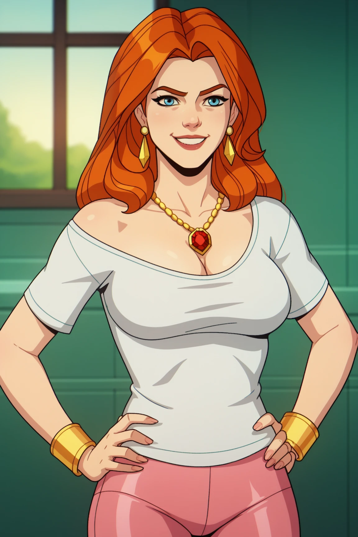 score_9, score_8_up, score_7_up, score_6_up, score_5_up, score_4_up, BREAK, 1girl, Jean, orange hair, blue eyes, 
(Hourglass figure:1.2), grinning, sultry, sultry face, big breasts, cleavage, collarbone exposed, ((Wearing a off shoulder t-shirt, latex pink leggings, earrings, golden necklace with a gem, golden bracelets)), hands on hips, she's looking at the camera with a calm smile,