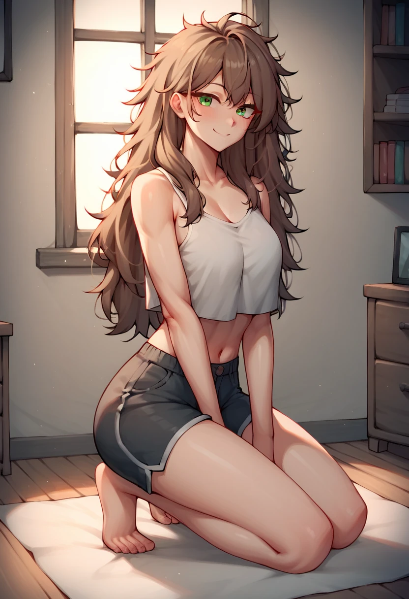 score_9, score_8_up, score_7_up, score_6_up, score_5_up, score_4_up, source_anime, 1girl, lisadef, a thin body, sexy smile, +18, sexy woman, brown hair, long hair, green eyes, messy hair, black topic, shorts, full body, worth, turn your back, room, looking at the viewer, best quality, best res, 4K UHD,
 