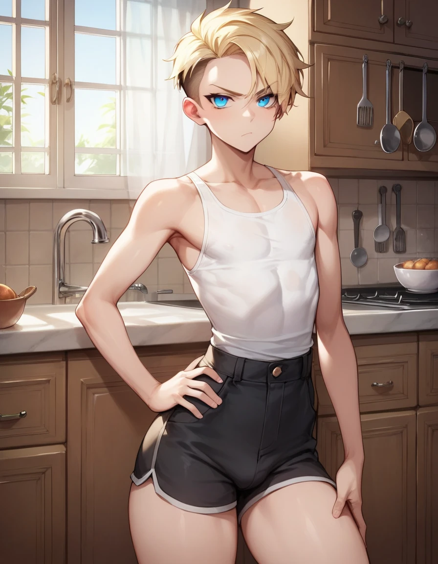 score_9, score_8_up, source_anime, standing, hellsing, seras, femboy, twink, shorts, otoko no, crop top, indoors, ikuchan