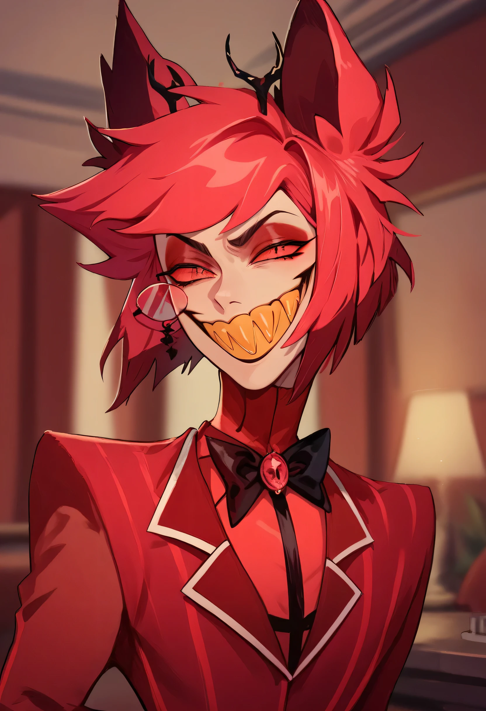 1boy, Alastor,red suit, red hair multicolored hair, animal ears, radio demon, sharp toothed grin