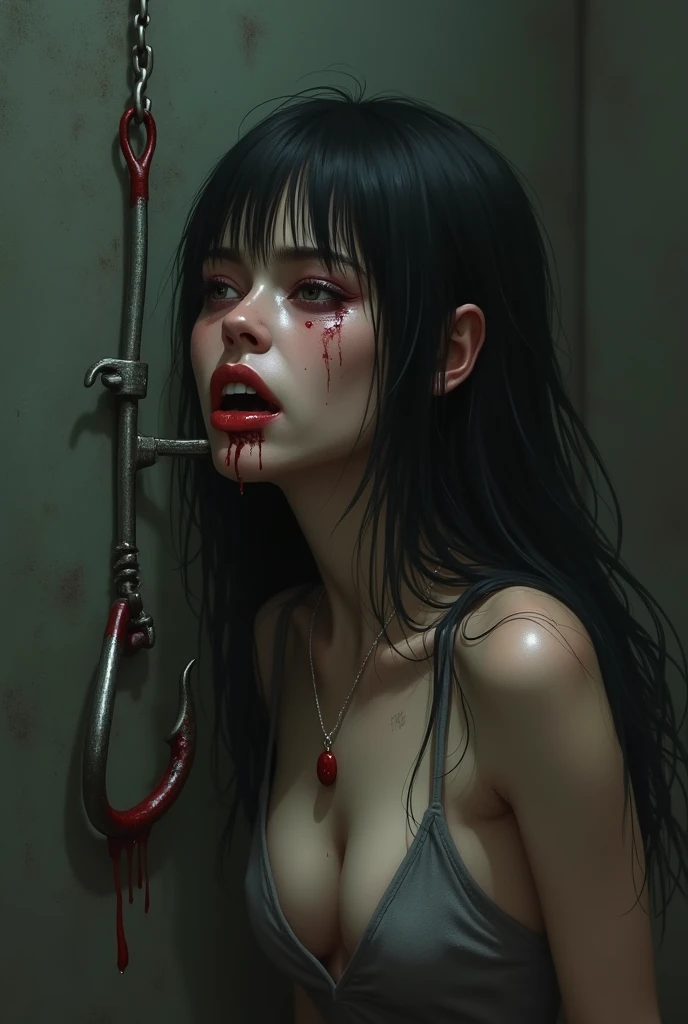 dark nasty smile on face of tiny naked girl dancing in the rain of blood. sexy pose, full body visible, transparent top, nipples clearly visible. high detail, 4k. very sexy scene