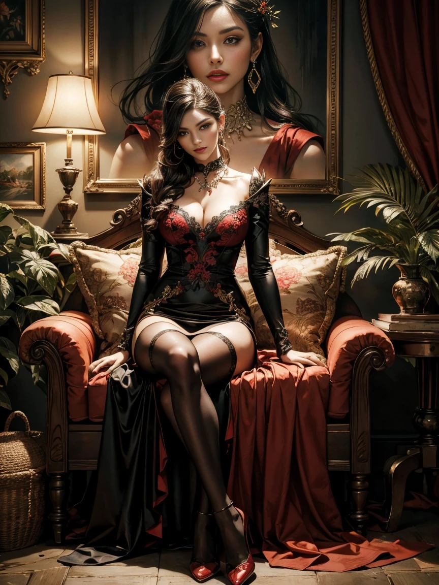 Beautiful and captivating painting of a perfect female vampire, showcasing a slender figure with an enchanting allure, vast breasts that seem to defy gravity, and shapeless, long, wavy hair cascading around her. Her features are near perfection, each line and curve perfectly defined. She is adorned in an extremely baroque vampire corset, intricately designed with exquisite details and ornate patterns.

This full-body photograph captures the abstract beauty and purity of form in the vampire's image, emerging as a near-perfect concept. The dynamic pose she presents adds to the captivating allure, contrasted against an ethere