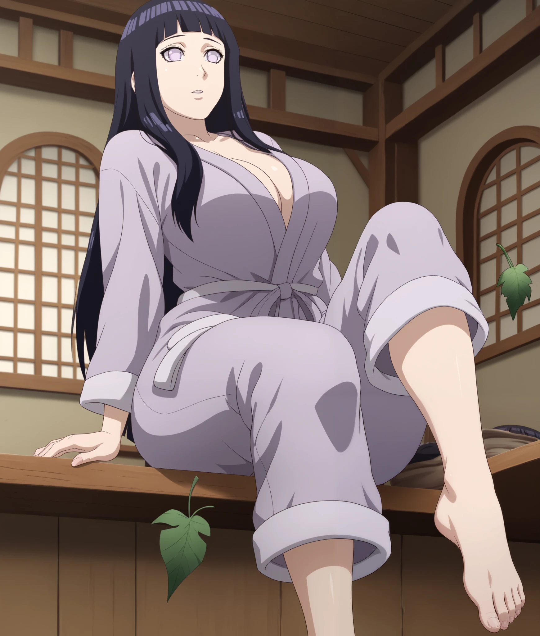 score_9, 1girl, solo,  incom, facing viewer, standing, parted lips, from below, cowboy shot, large breasts, thick thigh, big ass, leaf village indoors, loosened bathrobe, loose pajama pants, sitting, bare feet, sexy feet, (hinata, hyuuga hinata, purple eyes, blunt bangs, black hair), 