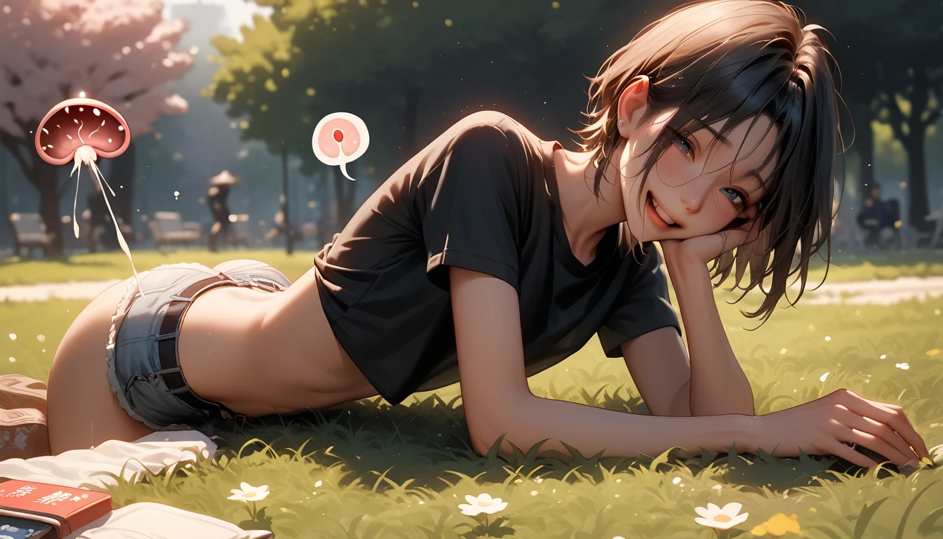 a chinese small femboy is naked at the park, small hairless penis while he is taking a rest in the grass, he wears only a dark style t-shirt and is shorts off. He has a very skinny body and slim abs, he is completely hairless, 16 old , looking shy but happy, dark fancy hair, great visual detail and vivid romantic colors, cute face, slim legs.  Huge cumshot out from his penis. his body and face are covered by sperm and he looks surprised and moaning.