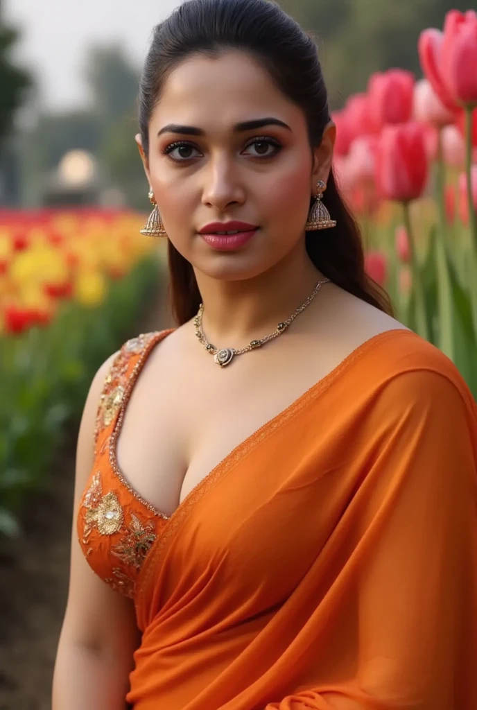 extreme close up photo of indian from top view, big cheeks, curvy, hourglass figure, sexy navel, swooping breasts, posing in a tulip farm, showing finger with breasts to viewer, sweating, seductive, orange saree, nipple popping out, areolas, ponytail hair, necklace, look at viewer and smile, (cinematic:1.3), intricate details, (ArtStation:1.2)