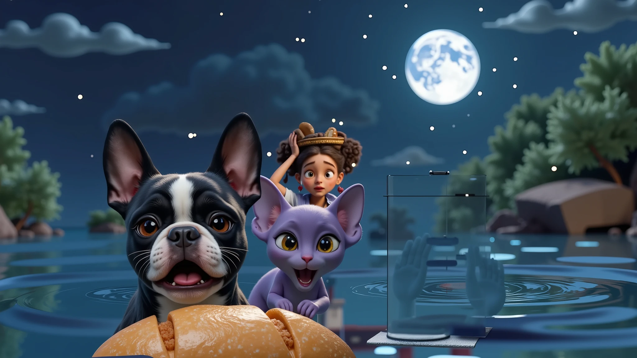 Inspired by the posters in the movies in the high-quality 3D characters from Disney Pixar in high resolution, create the image of a black and white French bulldog puppy with the predominant black color and a purple kitten with yellow eyes of the Sings breed swimming in a river with a desperate appearance behind a loaf of bread floating in the water. The background has in the background, far away, a brunette girl with curly black hair tied with two ponytails and a ribbon and red ribbons with a basket with a bread on her head she also has an appearance of despair the environment is a night inside a river with a star shining brightly in the background and the full moon around the riverbank surrounded by grass and trees