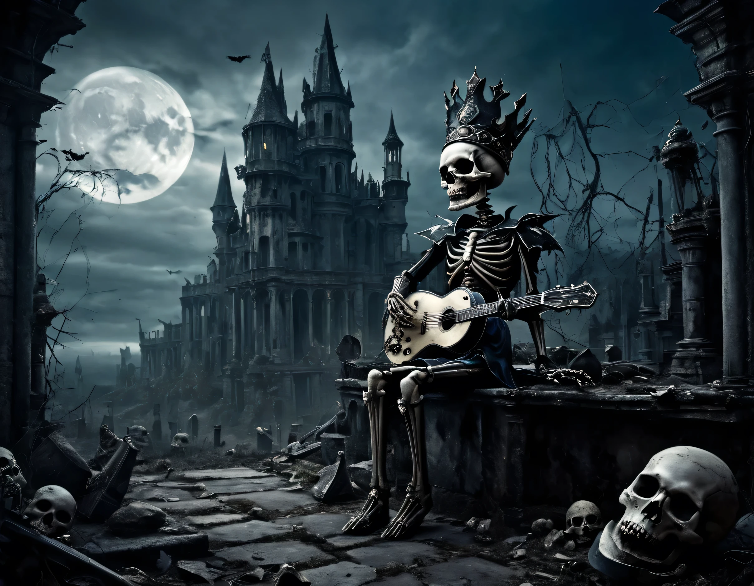 High Resolution, High Quality , Masterpiece/ A skeleton clad in a tattered jester cap, positioned within the decrepit remains of ancient ruins, wields a guitar, fractured, dreamlike castles looming in the surrounding dusk, skull topped with a royal crown lies discarded on the ground, as crows scatter in the air and the ageless moon's light casts atmospheric, dramatic shadows over the scene, eerie, ghoulish ambience, reminiscent of Mike Davis and Kelley Jones. 16k