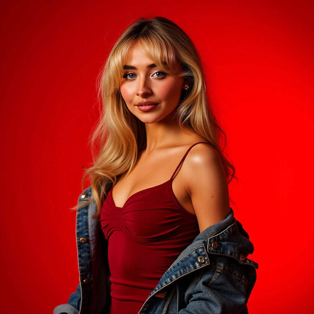 The image captures a woman posed against a deep red background that creates a bold, monochromatic aesthetic. She stands with a confident and poised demeanor, her body angled slightly to the side while her face is turned toward the camera, establishing direct and intense eye contact. Her expression is serious yet calm, exuding self-assurance and elegance. The lighting is soft and diffused, evenly illuminating her face and body while subtly accentuating the contours of her features and the natural texture of her skin.
Her blonde hair is styled in loose waves, framing her face softly and giving a casual yet refined appearance. Her makeup is understated, highlighting her natural beauty with glowing skin, full, dark eyebrows, and a hint of neutral-toned lipstick. DD34 breast. She wears a denim jacket with blue jeans and a t-shirt  at home, creating a cohesive visual effect. The dress features thin spaghetti straps and a draped neckline, adding an element of understated sophistication. Small hoop earrings are her only visible accessory, subtly adding to the polished yet minimalistic styling.
The background is entirely flat and uniform in color, with no visible texture or pattern, allowing the focus to remain entirely on the subject. The composition is simple yet striking, with the use of red dominating both the foreground and background, creating a sense of harmony and visual impact. The lighting and styling choices emphasize the elegance of the subject while maintaining a minimalist and contemporary feel. The overall atmosphere of the image is warm, bold, and intimate, drawing the viewerâs attention to the subjectâs expression and presence., 