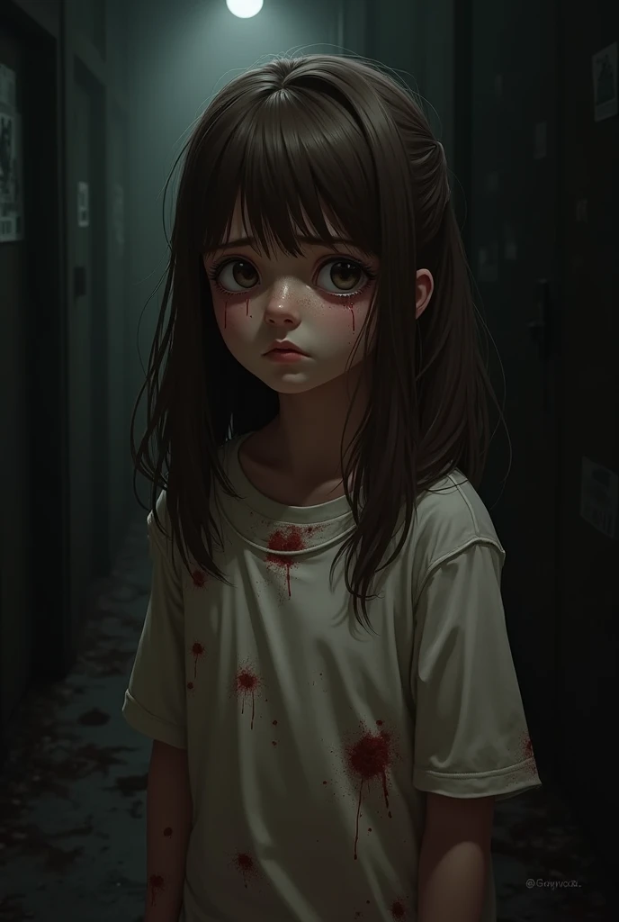 (black background, highres:1.2, realistic, ultra-detailed, horror:1.1, dramatic lighting:1.1), a blonde girl with brown eyes wearing a school uniform, her eyes wide with a surprised look, blood splattered all over her face and uniform. The dark color tones intensify the horror atmosphere, with shadows adding depth to the scene. The lighting casts dramatic shadows, emphasizing the eerie and suspenseful ambiance.
