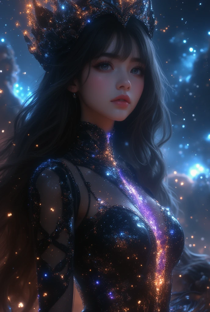  A 19-year-old European and Russian woman with European traits,  with jet black hair that falls in long waves with bangs , azero gray eyes ,  Pale and luminous skin . She wears a dark black Arabic-style dress with diamonds embedded in colors simulating a galaxy in the dress and a matching black crown, she is in the middle of a galaxy floating among the stars that illuminate her, she looks ethereal, bright and dazzling, like a goddess of the sky, quality hd 4k masterpiece . 