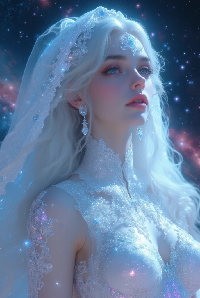  A 19-year-old European and Russian woman with Europea rasgos ,  with pure white hair like the snow that falls in waves, laegi ,  heavenly eyes ,  Pale and luminous skin . She wears a white Arabian style dress with diamonds embedded in colors simulating a galaxy in the dress and a matching veil, she is in the middle of a galaxy floating among the stars that illuminate her, she looks ethereal, bright and dazzling, like a goddess of the sky, quality hd 4k masterpiece . 