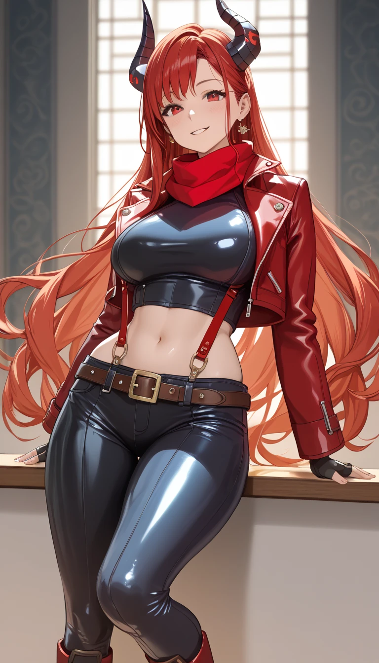 masterpiece,  top quality, 1 person, Detailed Background 、A person who writes in detail、 accurate human body、Knowledgeable person、( accurate 5 fingers), female high school student female,Thighsが太い,curvy body、Thighs、Alone,(middle breasts), 1girl,redhoodx, very long hair, mechanical horns,red jacket, cropped jacket, red scarf, unzipped bodysuit, suspenders, black pants, belt, fingerless gloves, asymmetrical legwear, hip vent, midriff, high heel boots