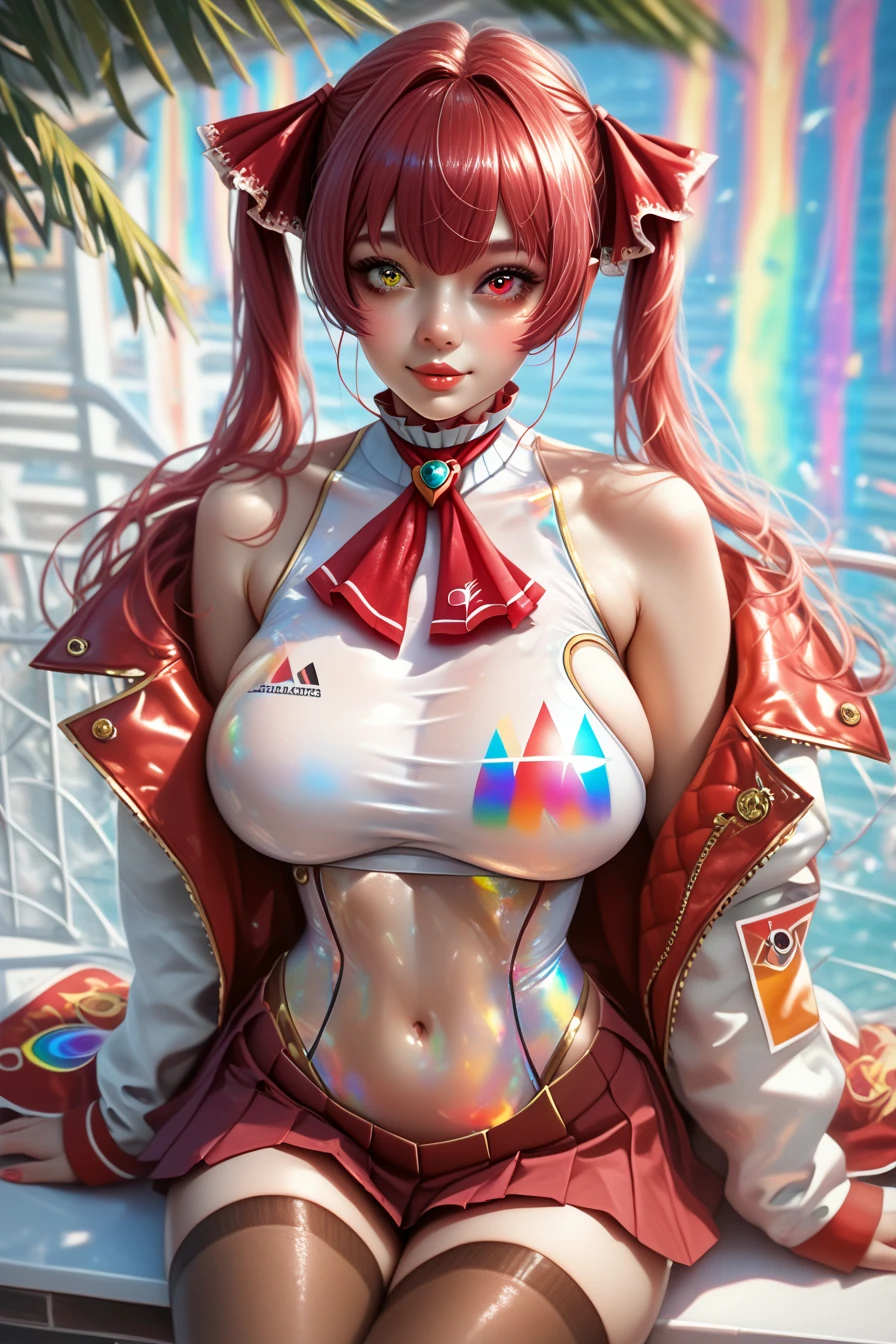 Close up, Marine houshou, A hyper-realistic and ultra-detailed photo of a beautiful girl, ultra-realistic, perfect Eyes, cute, twintails, heterochromia, red eyes, yellow eyes, hair ribbon, bare shoulders, ((brown leotard, brown thighhighs)), covered navel, cropped jacket, grey shirt, jacket, leotard, leotard under clothes, pleated skirt, red jacket, red ribbon, red skirt, ribbon, shirt, skirt, sleeveless, sleeveless jacket, sleeveless shirt, thighhighs, perfect natural huge breasts, th3rm4l, colorful, Upper body,