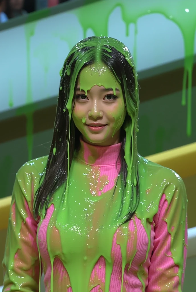 Cinematic photograph of beautiful Korean woman covered in green slime. Photorealistic. F/1.8 aperture. 35mm. Glistening liquid. Green slime. Slime. Wet. Raw photo. (Korean girl: 1.3). Korean. Korean woman. Beautiful Korean model. Round face. Wearing pink tight turtleneck. Big breasts. Black hair. Gameshow. Film photo. Custard. Winged eyeliner.