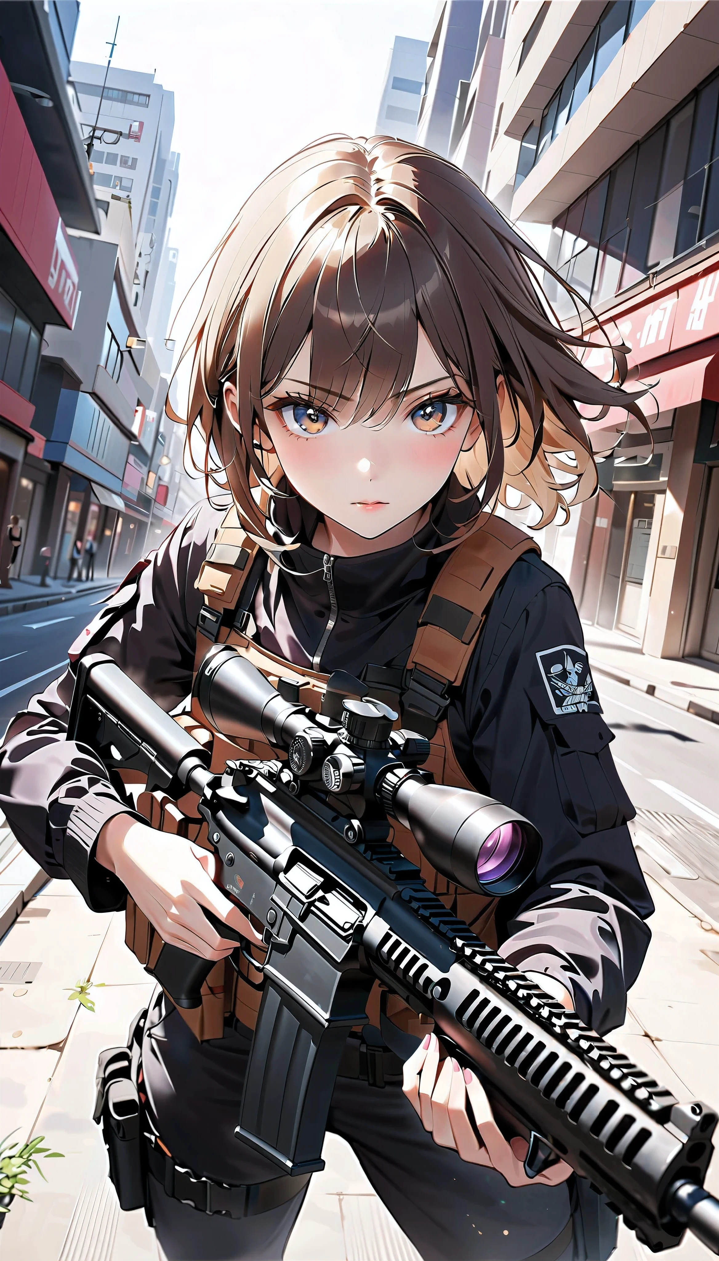 Girl shooting pose, One Girl, Shooting with an assault rifle, Sophisticated Assault Rifle, High-performance assault rifle, Dynamic Perspective