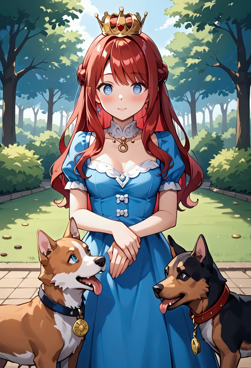  red hair,  corto,  using hypnosis , with a coin , stop,  blue eyes ,  Blue dress , in the park, with a crown, With a dog rope in his hand