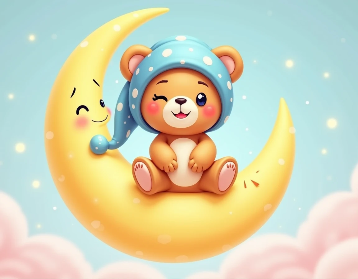 Cute and whimsical illustration of a teddy bear sitting on a crescent ...