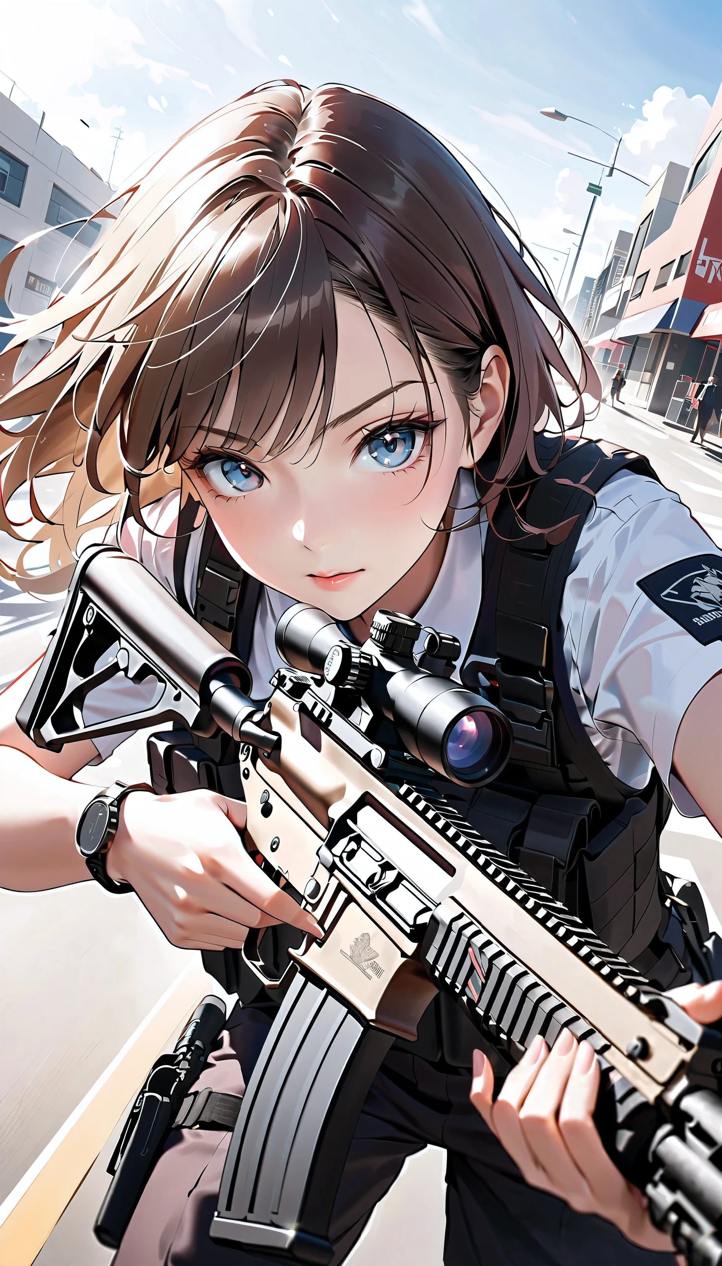 Girl shooting pose, One Girl, Shooting with an assault rifle, Sophisticated Assault Rifle, High-performance assault rifle, Dynamic Perspective