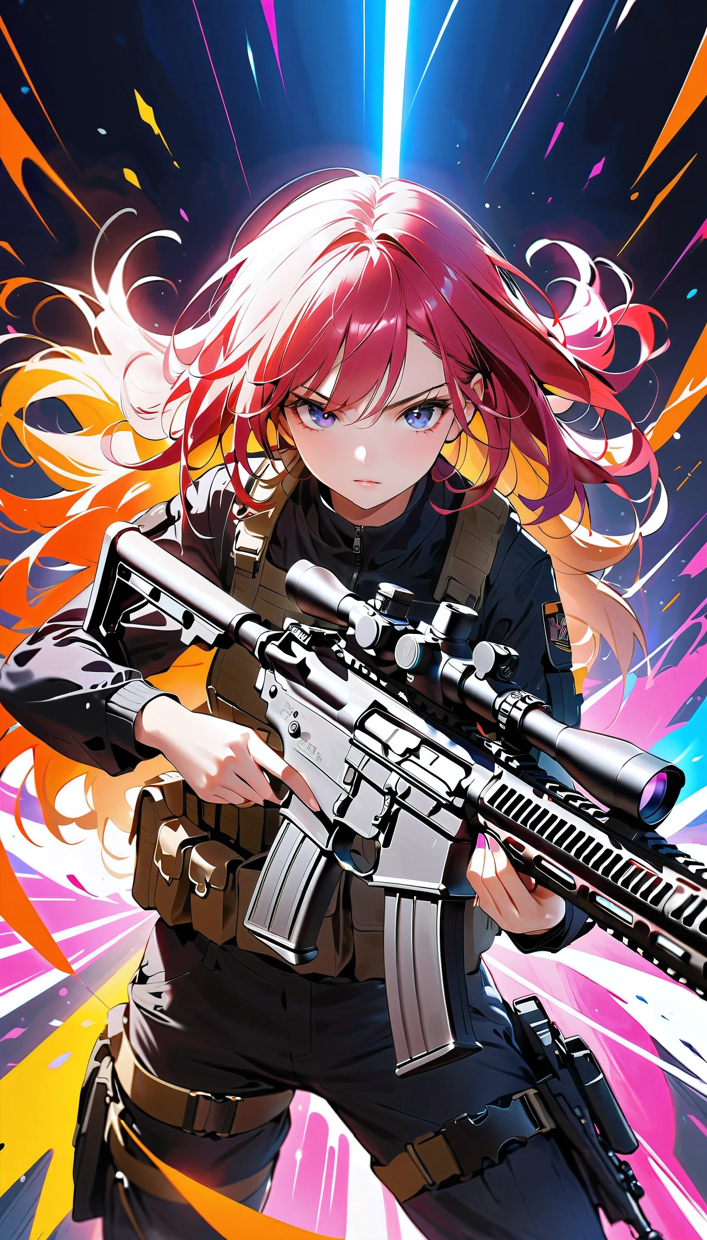 Girl shooting pose, One Girl, Shooting with an assault rifle, Sophisticated Assault Rifle, High-performance assault rifle, vivid colors, dark colored background, Dynamic Perspective