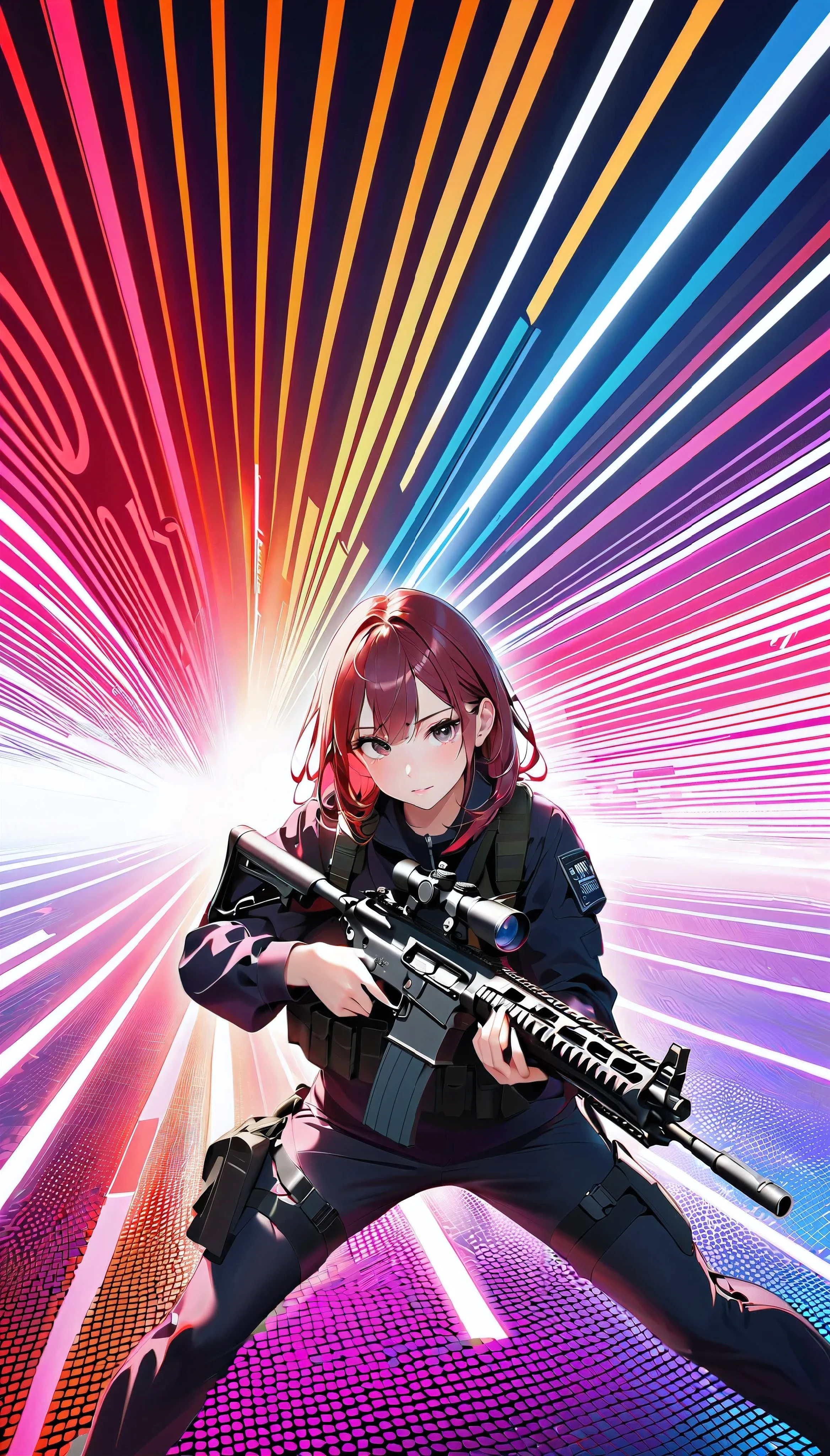 Girl shooting pose, One Girl, Shooting with an assault rifle, Sophisticated Assault Rifle, High-performance assault rifle, vivid colors, dark colored background, higreess, Dynamic Perspective, Non-glossy coatings、halftone, stereogram, god rays, ray tracing, blurry, cinematic lighting