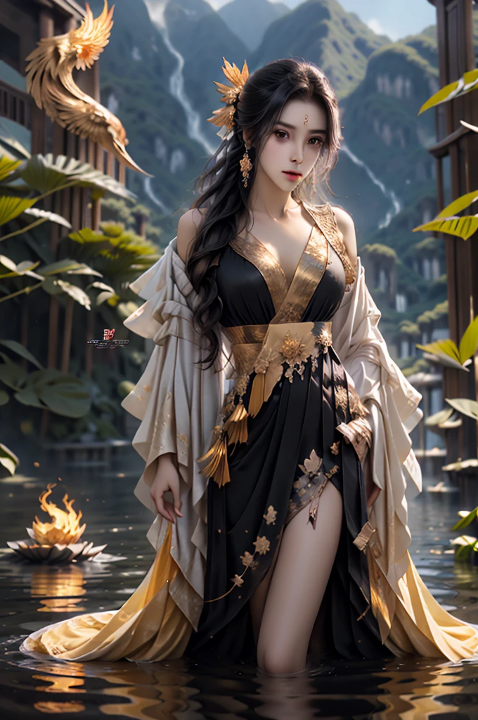 A beautiful black girl standing on the water, misty reflection, a huge phoenix divine bird in the sky, magic, fantasy, dynamic posture, composed of colorful glowing flames, delicate face, delicate eyes, long black and golden hair, wearing amber and sky blue Hanfu, delicate and intricate patterns, ink painting, golden bronzing, epic composition, soft shadows, Clean sharp focus, cinematography, center composition, poster design, film photography, Panorama, 32K --v 6