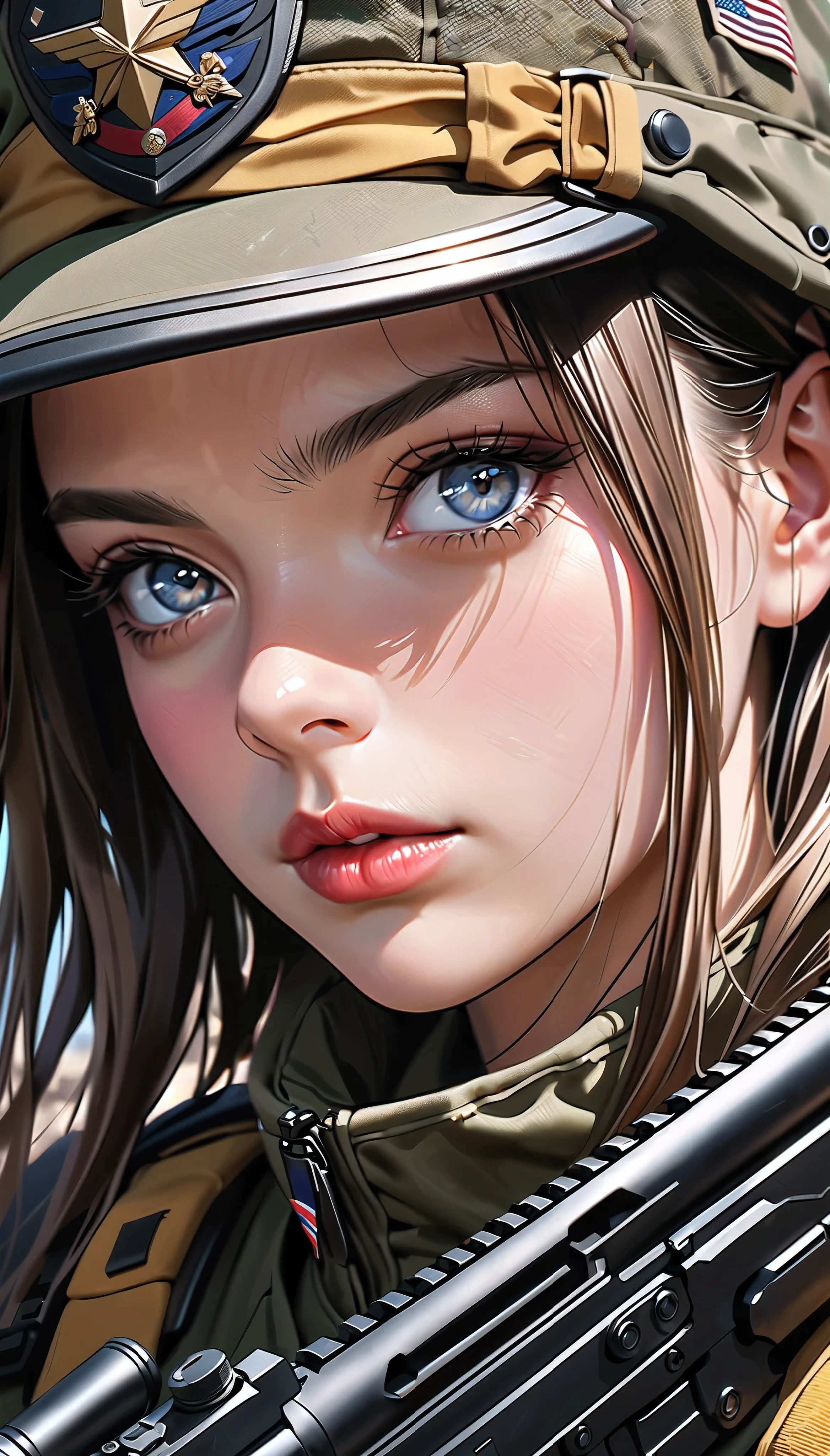 a girl shooting an assault rifle, beautiful detailed eyes, beautiful detailed lips, extremely detailed eyes and face, long eyelashes, military uniform, military gear, tactical vest, holding a sophisticated assault rifle, high-performance assault rifle, vivid colors, dark colored background, (best quality,4k,8k,highres,masterpiece:1.2),ultra-detailed,(realistic,photorealistic,photo-realistic:1.37),military,action,dramatic