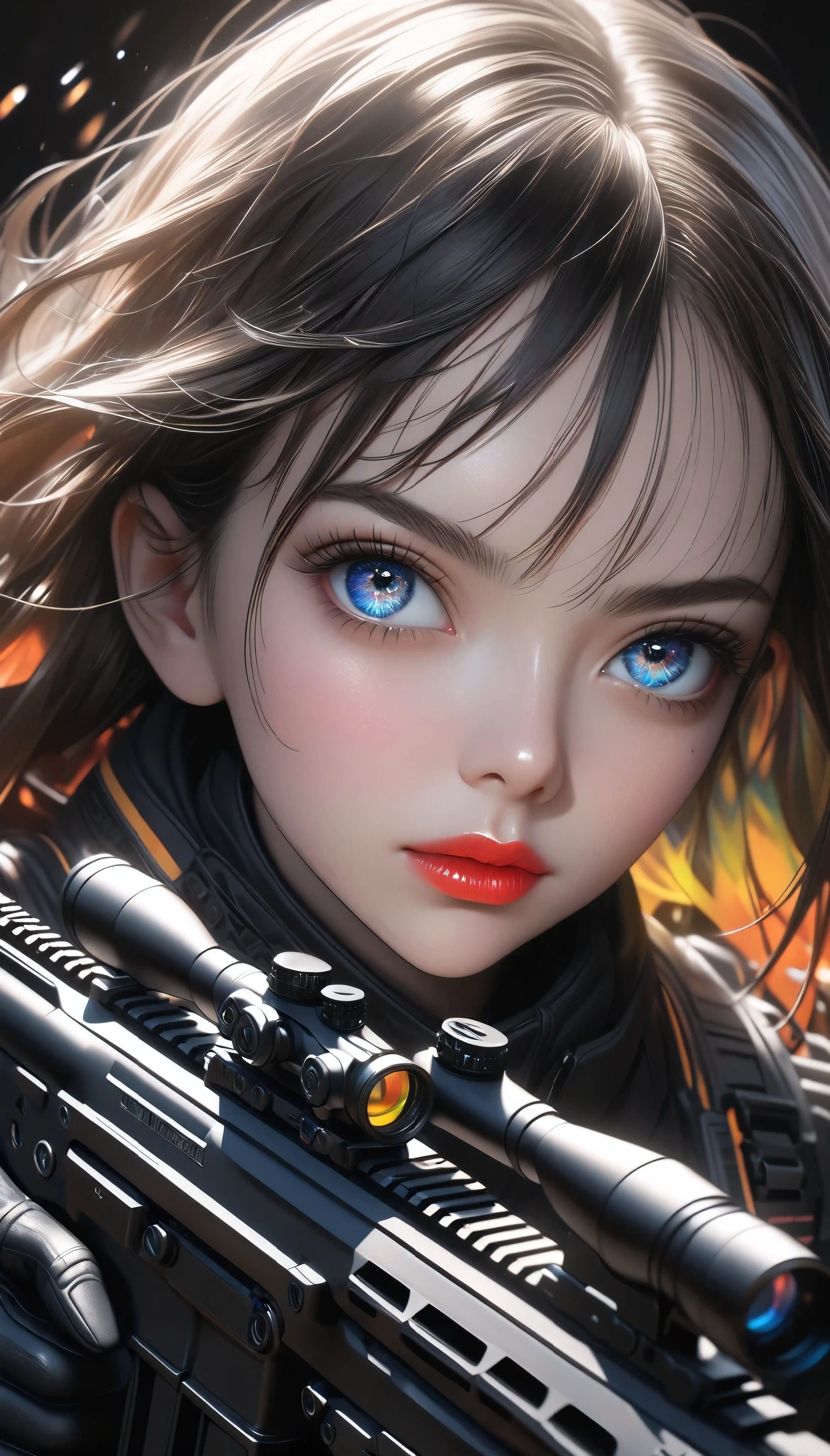 a girl with beautiful detailed eyes, beautiful detailed lips, extremely detailed eyes and face, long eyelashes, holding a sophisticated assault rifle in a dynamic shooting pose, assault rifle with high-performance and non-glossy coatings, set against a dark colored background, 8k, photorealistic, masterpiece, ultra-detailed, realistic, physically-based rendering, vivid colors, dramatic lighting