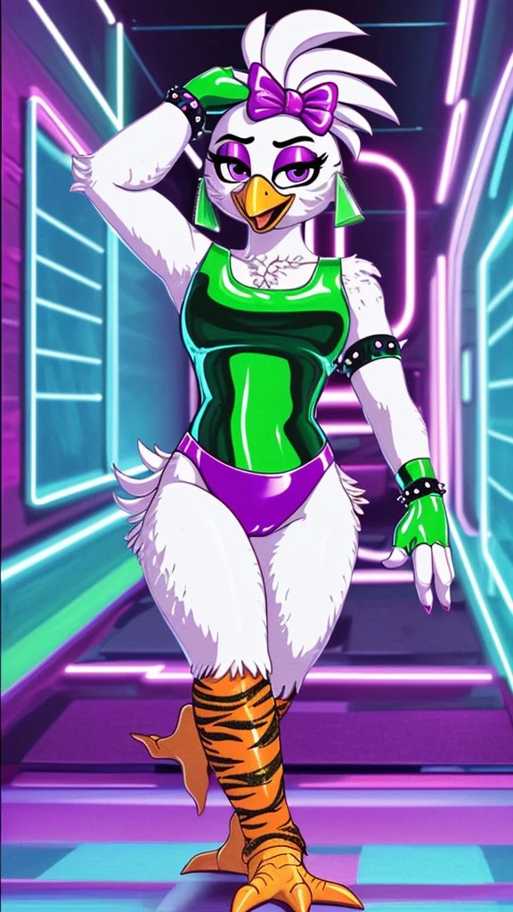 [glamrockchica ], [fnaf:_security_breach], [Loaded in E621.grandchild; (zorro), (Pixel artist), (mayosplash], (( masterpiece )), (( High definition )), (( solo portrait )), (( front view)), (( hairy; anthropogenic chicken girl)), ((detailed plumage)), (( detailed shaded )), (( beautiful rendering art )), {anthropogenic chicken; plumas blancas, (white tail feathers), (orange talon feet), (Yellow beak),  purple eyes, black pupils, ( hair tied with pink ribbon ), little , ( beautiful legs ), ( camel toe ), (excited smile), (Open mouth)}, {(pink latex leotard ), (neckline), (Purple belt), ( green fingerless gloves ), ( green latex bracelets with tiger stripes ), (green stockings), ( two different colors of clothing for the legs on each leg)}, {(walking), ( hands on head ), ( looking at the viewer )}, [bottom; ( dance studio), ( bright neon lights)]