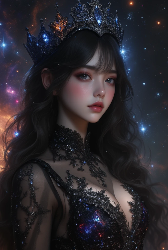  A 19-year-old European and Russian woman with European traits,  with jet black hair that falls in long waves with bangs , azero gray eyes ,  Pale and luminous skin . She wears a dark black Arabic-style dress with diamonds embedded in colors simulating a galaxy in the dress and a matching black crown, she is in the middle of a galaxy floating among the stars that illuminate her, she looks ethereal, bright and dazzling, like a goddess of the sky, quality hd 4k masterpiece . 