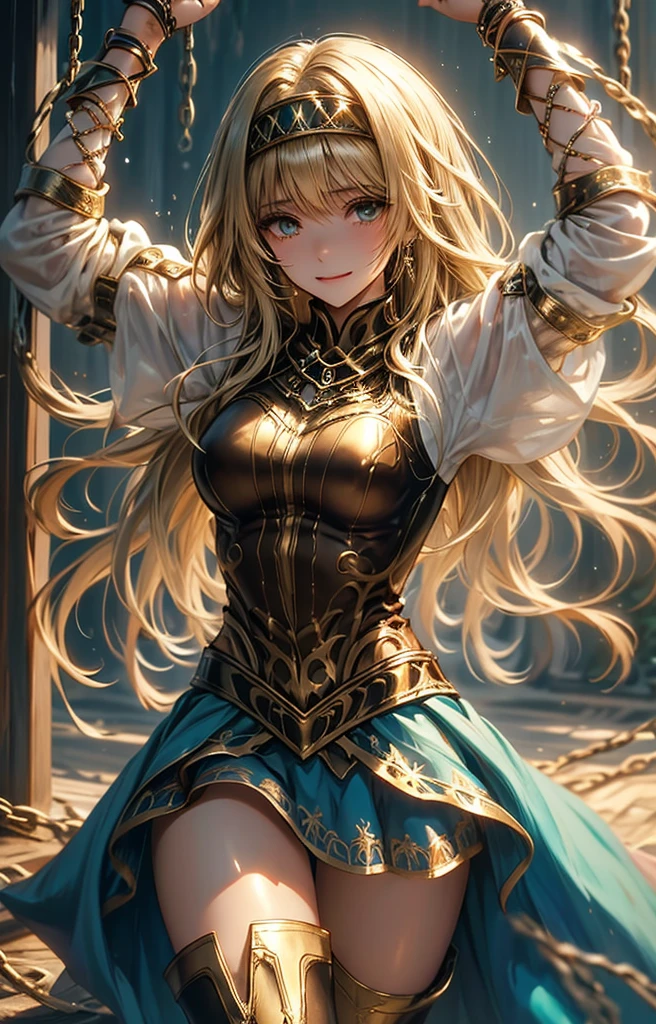 Alisha、 Valkyrie profile、 blonde hair 、 beautiful girl、small breasts、、Broken Leather Breastplate、 torn clothes、 Grin、Wear a ripped skirt、 Wearing a Rag 、Provocative clothing、White underwear、white high leg pants、 exposed skin、 exposed skin、 is wet and can see through、 Nipple erection、 Half naked 、bondage、Tied up、 detained on a circular stage 、 open legs、 Raise Your Hands 、 raises one leg below the foot、Hands tied、One leg bondage、Standing split 、 chain bondage 、ChainBIND、 color、、 colorRead、 lots of chains 、Shyness、、Shyness、Estrus season、desire、 excited、Sensitive skin、Teary-eyed 、fear、 slave、 open her mouth , Showing tongue、 Empty Eyes、 Emotionally Weak 、 Your Eyes Strangely Shine 、（（（ＳＦＷ、sound、Highest quality、 first class masterpiece 、Normal body、8k、 detailed face 、 super precision 、  Normal Hands 、通常のSee also、５See also、Highest）））、 Photographing Her Full Body 